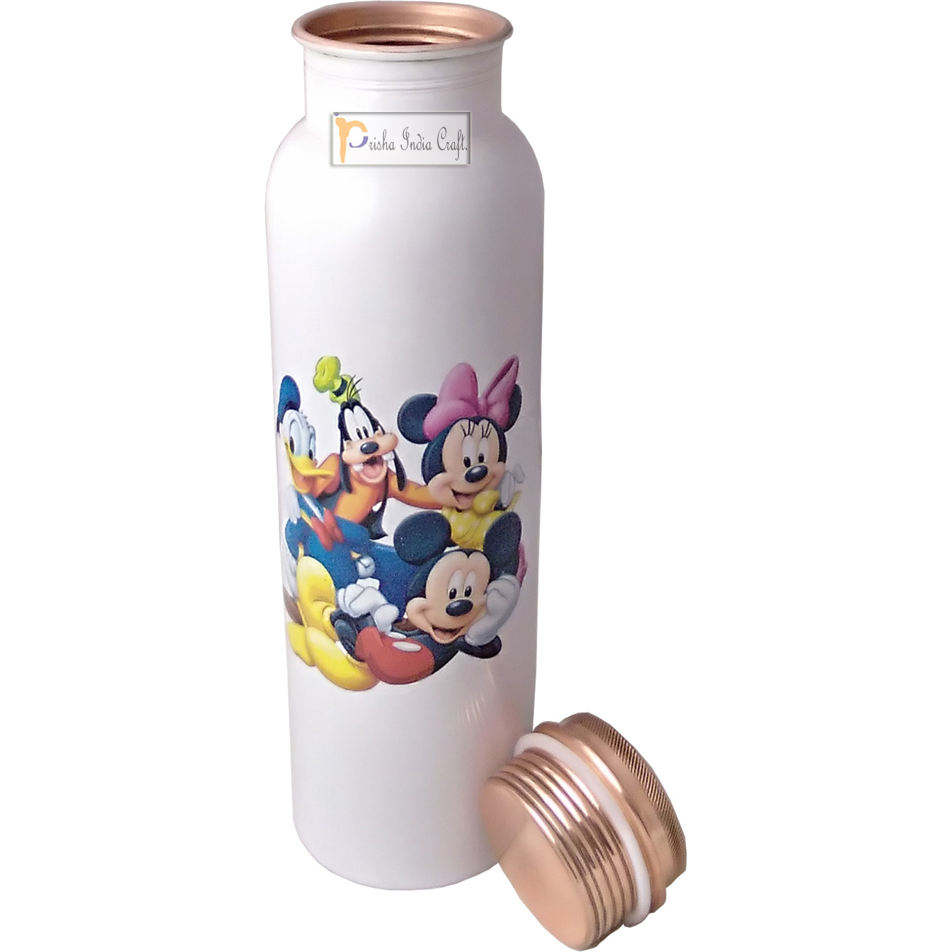 Prisha India Craft Digital Printed Pure Copper Water Bottle Kids School Water Bottle  Mickey Mouse and Donald Design, 1000 ML