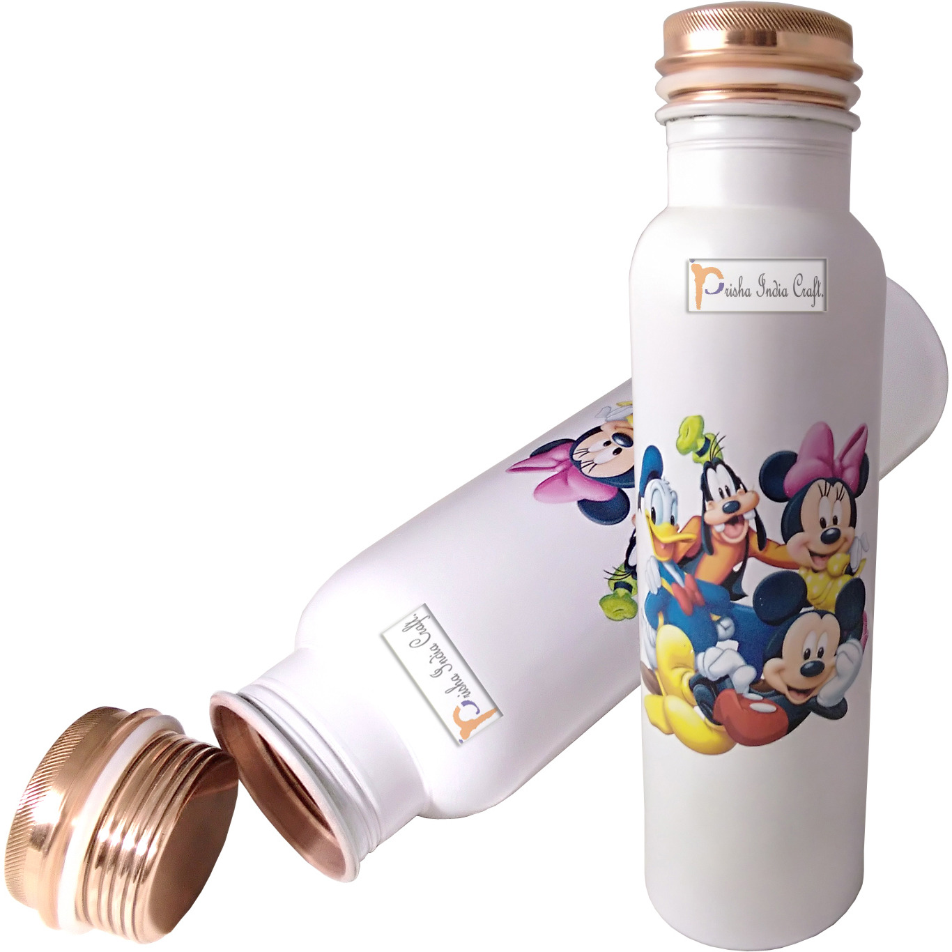 Prisha India Craft Digital Printed Pure Copper Water Bottle Kids School Water Bottle  Mickey Mouse and Donald Design, 1000 ML |Set of 2