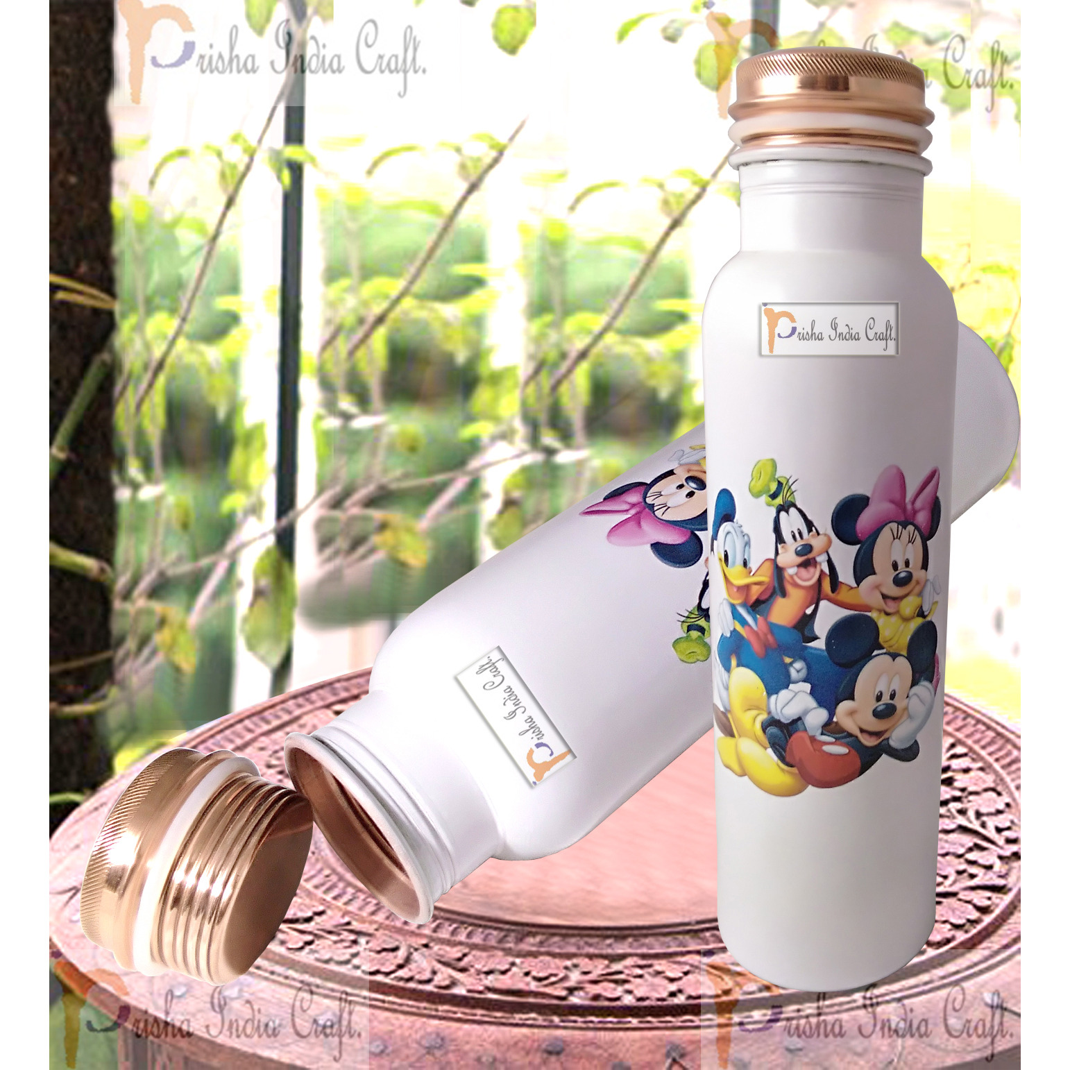 Prisha India Craft Digital Printed Pure Copper Water Bottle Kids School Water Bottle  Mickey Mouse and Donald Design, 1000 ML |Set of 2