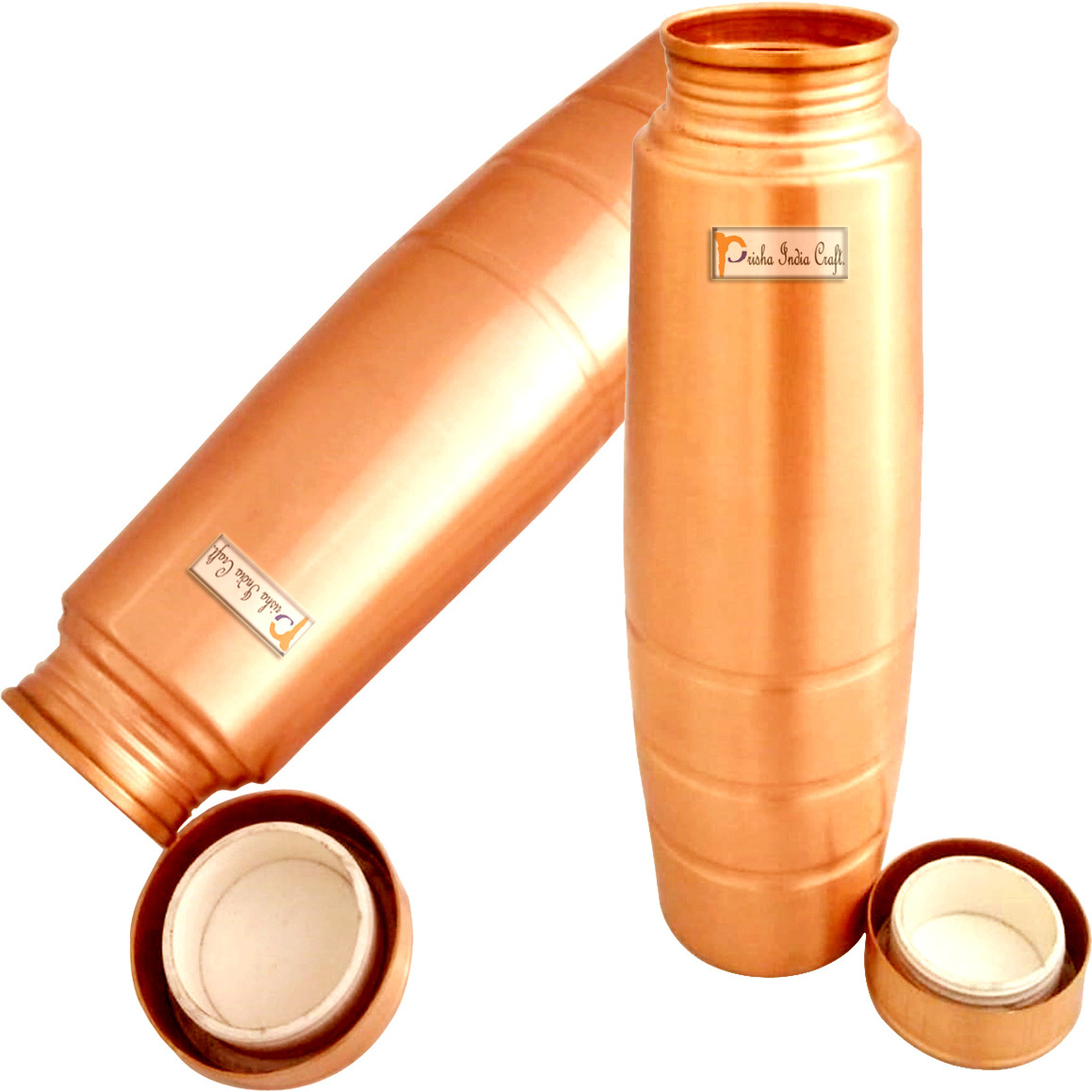 Prisha India Craft New Design Stylish Copper Bottle with Grip, Storage & Travelling Purpose, Yoga Ayurveda Healing, 1000 ML | Set of 2