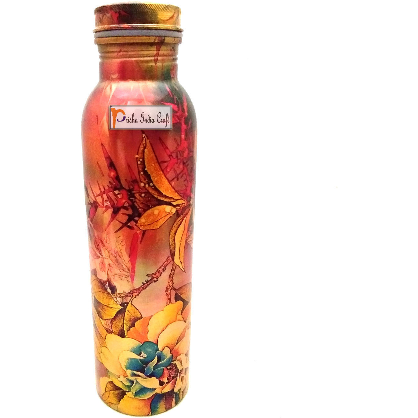 Prisha India Craft Digital Printed Pure Copper Water Bottle, Travelling Purpose, Yoga Ayurveda Healing, 1000 ML