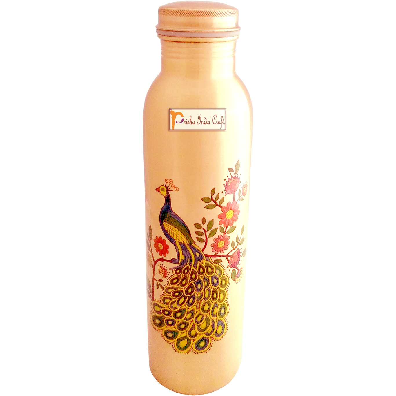 Prisha India Craft Digital Printed Pure Copper Water Bottle Kids School Water Bottles Outside Peacock Design | Capacity 1000 ML