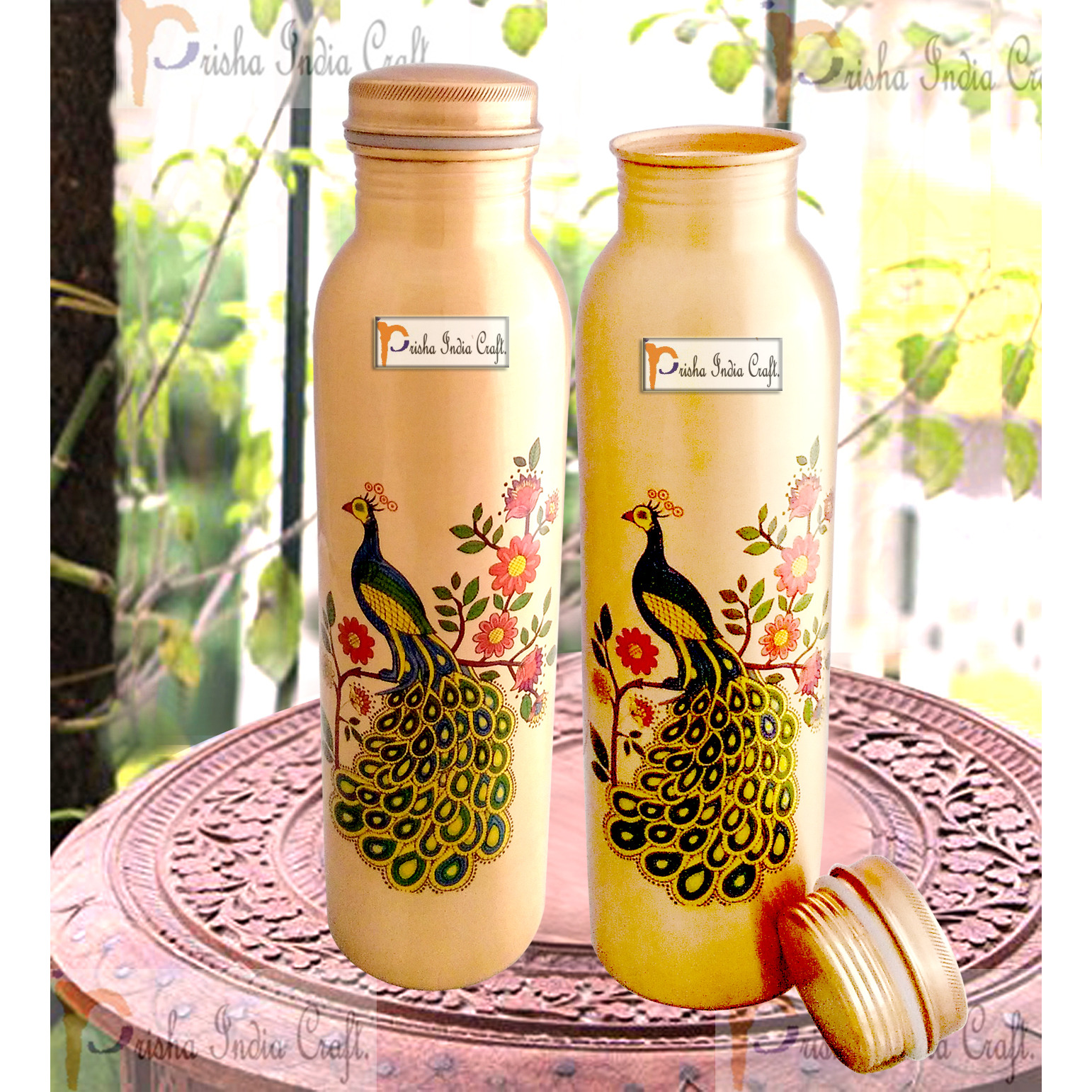 Prisha India Craft Digital Printed Pure Copper Water Bottle Kids School Water Bottles Outside Peacock Design | Capacity 1000 ML | Set of 2