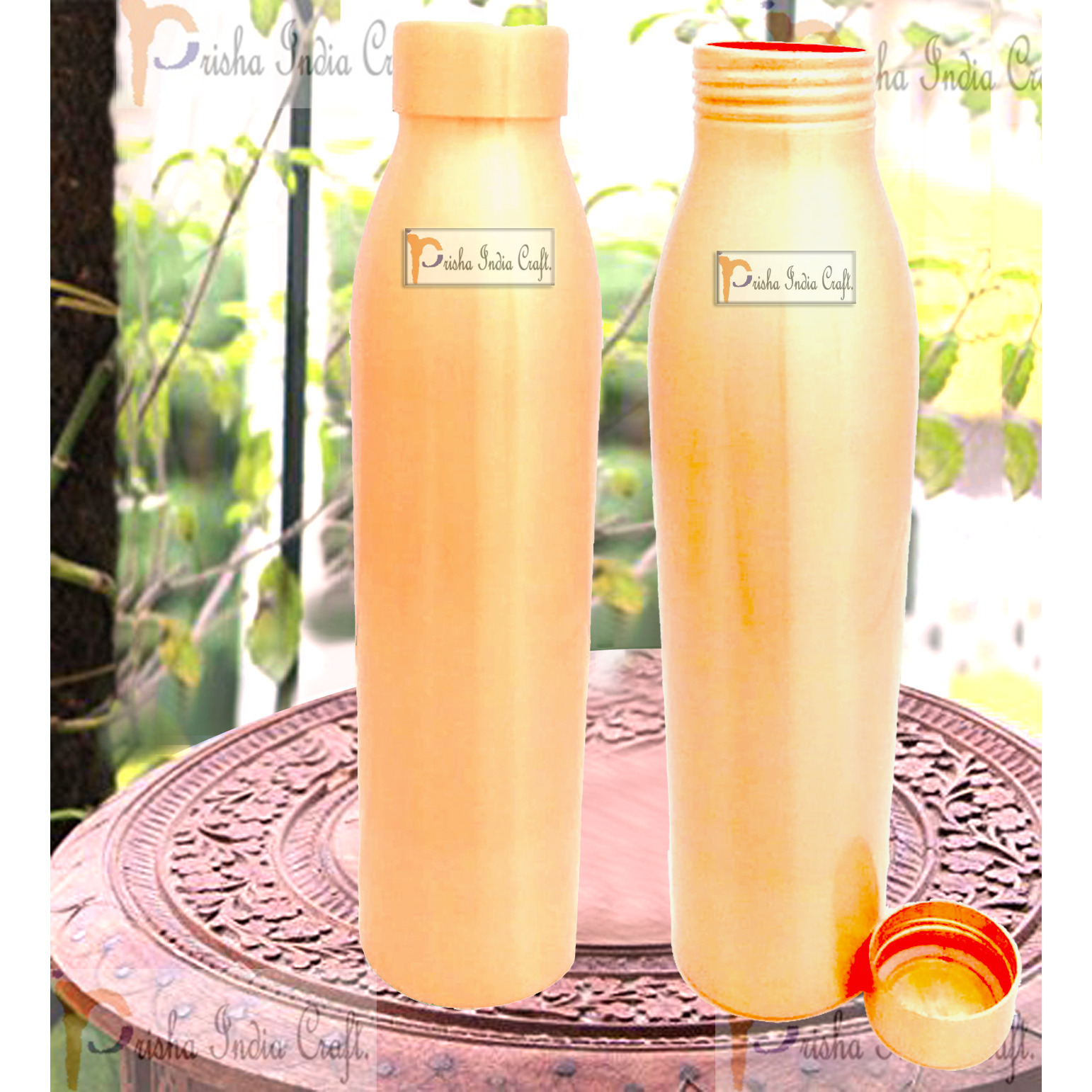 Prisha India Craft Seam Less Pure Copper Water Bottle New Style Storage Water, Travel Essential, Yoga, Copper Bottles | Capacity 1000 ML | Set of 2