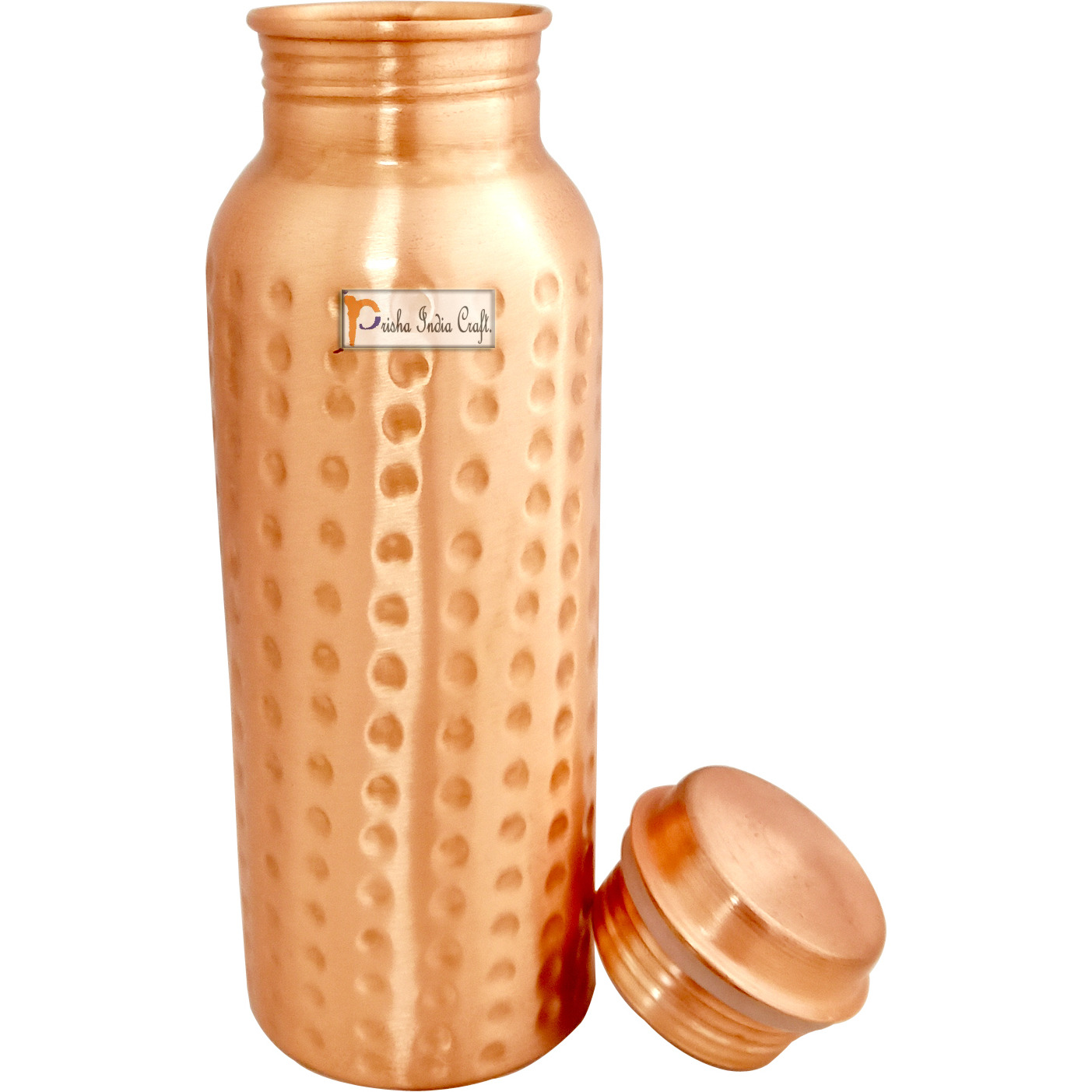 Prisha India Craft Copper Water Bottle, Hammered Design Pure Copper, Capacity 700 ML (23-oz), 1 Piece