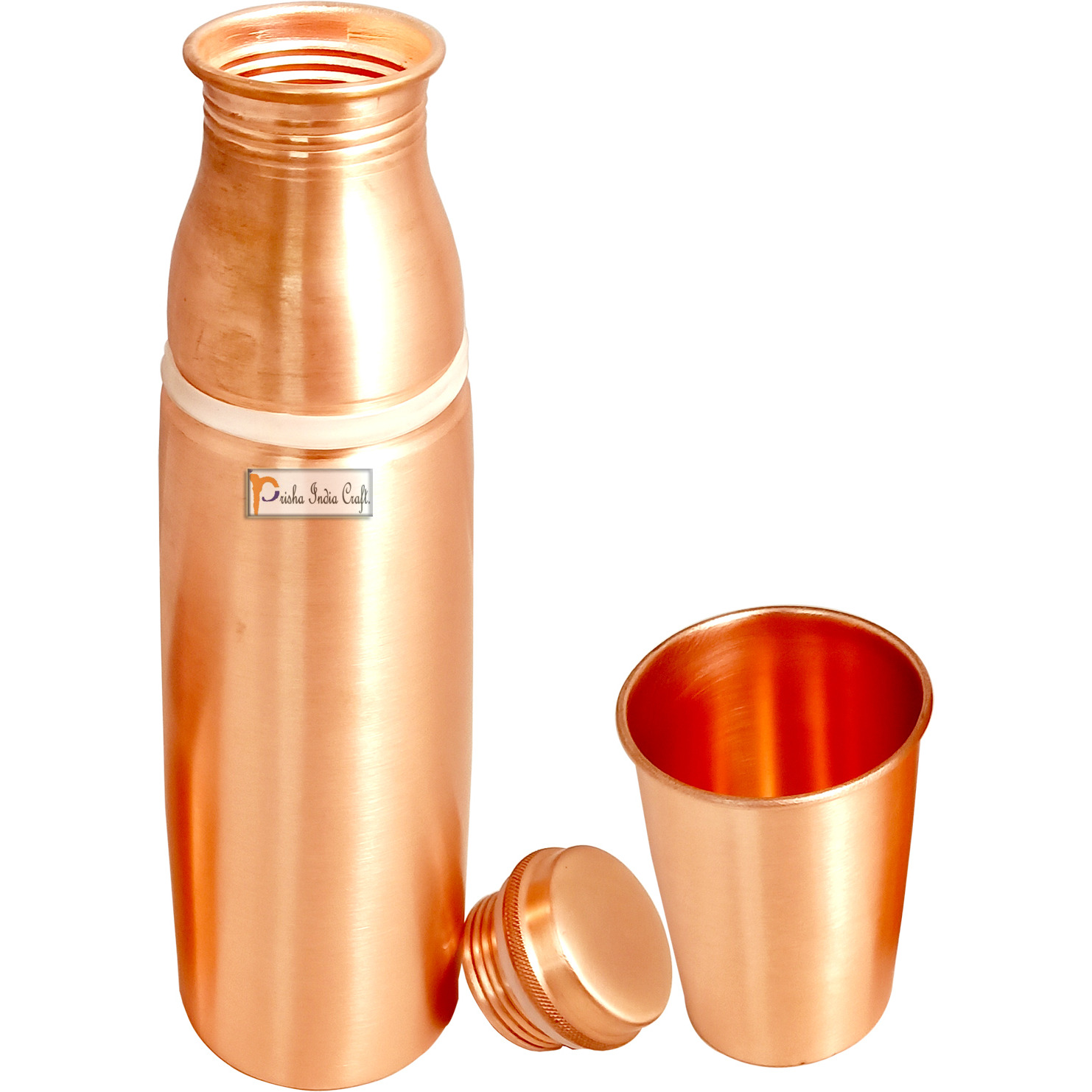 Prisha India Craft Copper Water Bottle 900 ML with Glass 250 ML, Lacquer Coated, Drinkware Set (Brown)