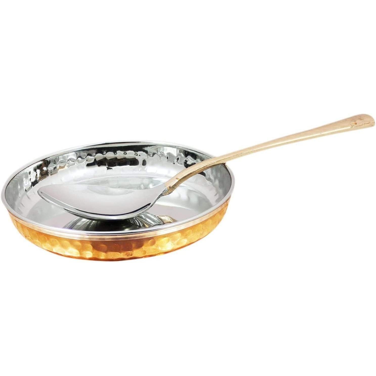 Prisha India Craft Dinnerware Stainless Steel Copper Traditional Dinner Set Of Thali Plate, Bowls, Glass And Spoon, Diameter 13 Inch