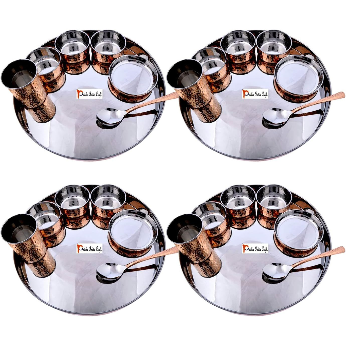 Prisha India Craft dinnerware 28-Piece set stainless steel copper traditional dinner set of thali plate, bowls, tumbler and spoon, diameter 13 inch