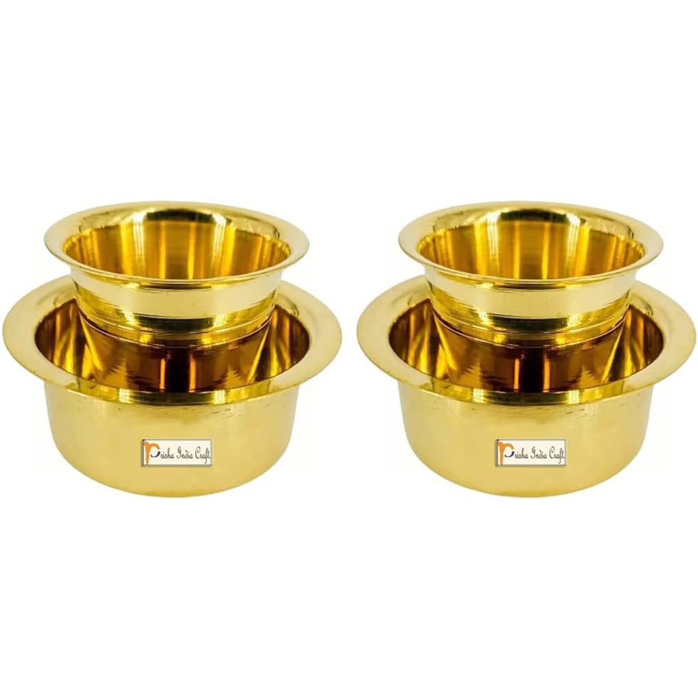 Prisha India Craft Brass Dawara Tumbler| Dabara|Tumbler for Serving Filter Coffee/Tea, Golden Color Cup Set of 2