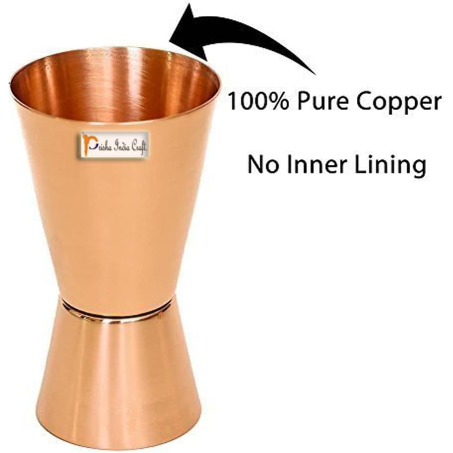 Prisha India Craft Pure Copper Measuring Jigger Shot Glasses Double Sided Jiggers - 2 Ounce and 1 Ounce