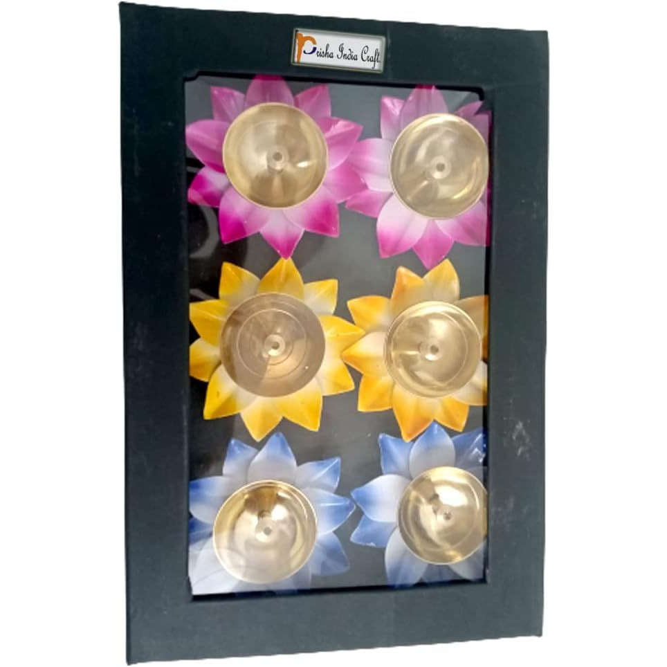 Prisha India Craft Diya for Puja, Lotus Brass Diyas Oil Lamp Pooja, Gift Idea (Set of 6)