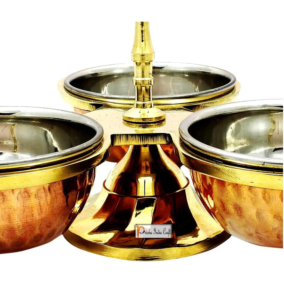Prisha India Craft Copper Steel Serving Pickle, Condiment Dish Rack 3-Bowls Set (6 Ounce)