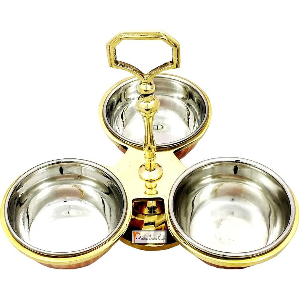 Prisha India Craft Copper Steel Serving Pickle, Condiment Dish Rack 3-Bowls Set (6 Ounce)
