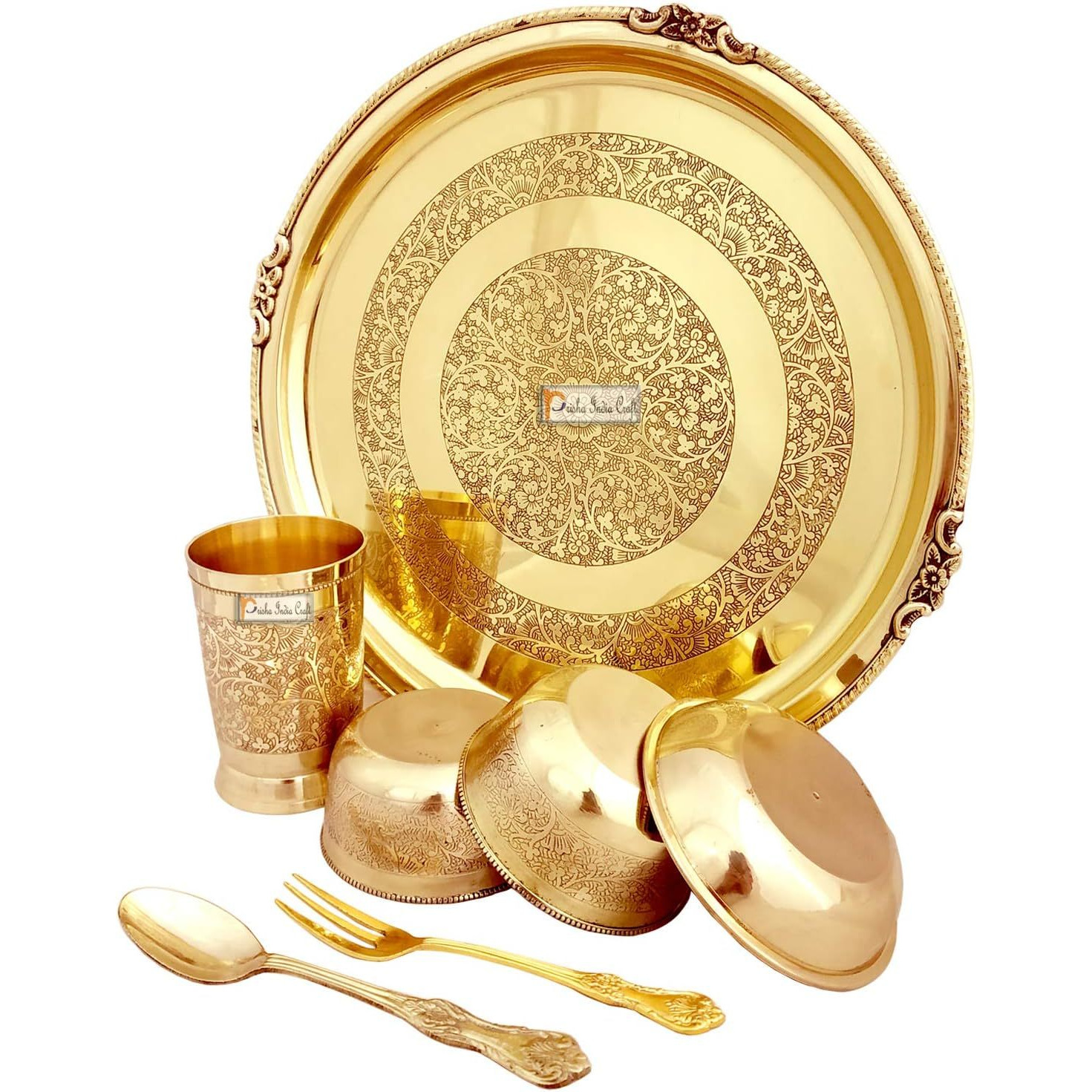 Prisha India Craft Embossed Design Pure Brass Dinner Thali Set, Dinnerware & Serveware, 7 Pieces (Gold)