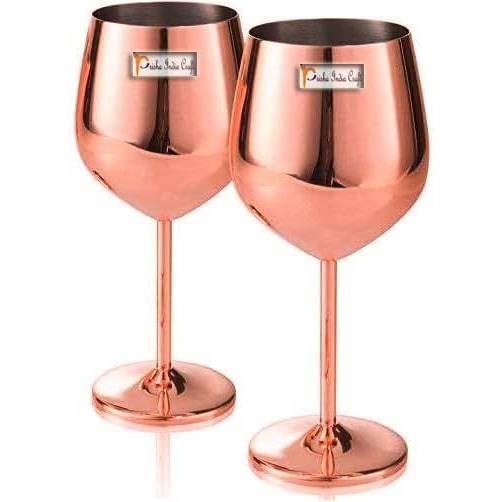 Prisha India Craft Stainless Steel Stemmed Wine Glasses, Shatter Proof Copper Coated Unbreakable Wine Glass Goblets,Premium Gift for Men and Women, Party Supplies - 500 ml Set of 2 Pcs