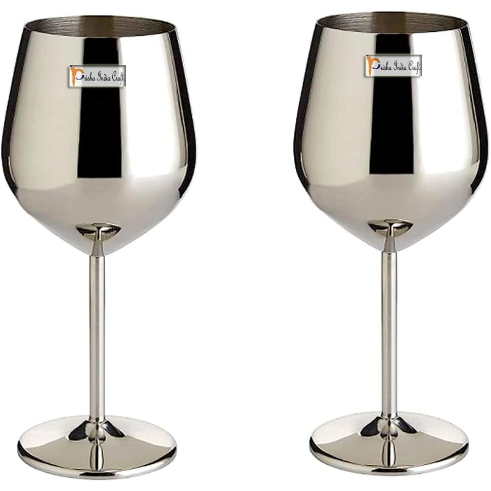 Prisha India Craft Stainless Steel Unbreakable BPA-Free Shatter-Proof Wine Glasses (500 ml) Set of 2