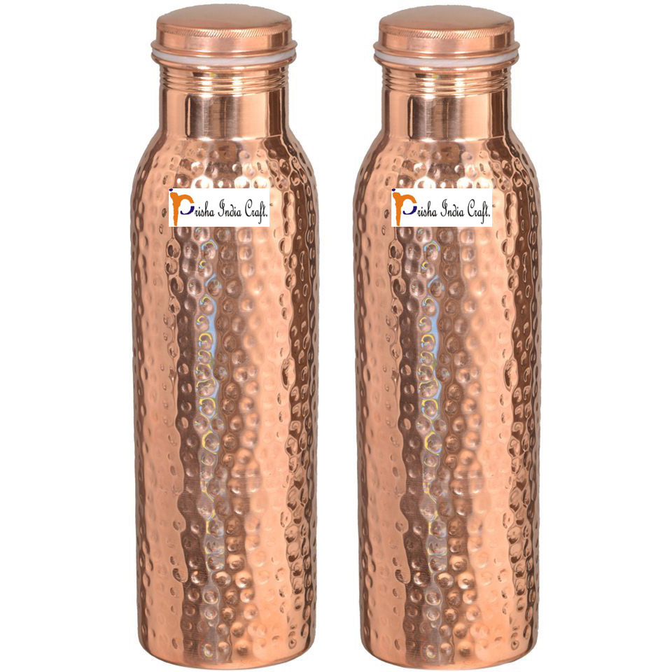 1000ml / 33.81oz - Set of 2 - Prisha India Craft B. - Hammered Copper Water Bottle | Joint Free, Best Quality Water Bottle - Handmade Christmas Gift