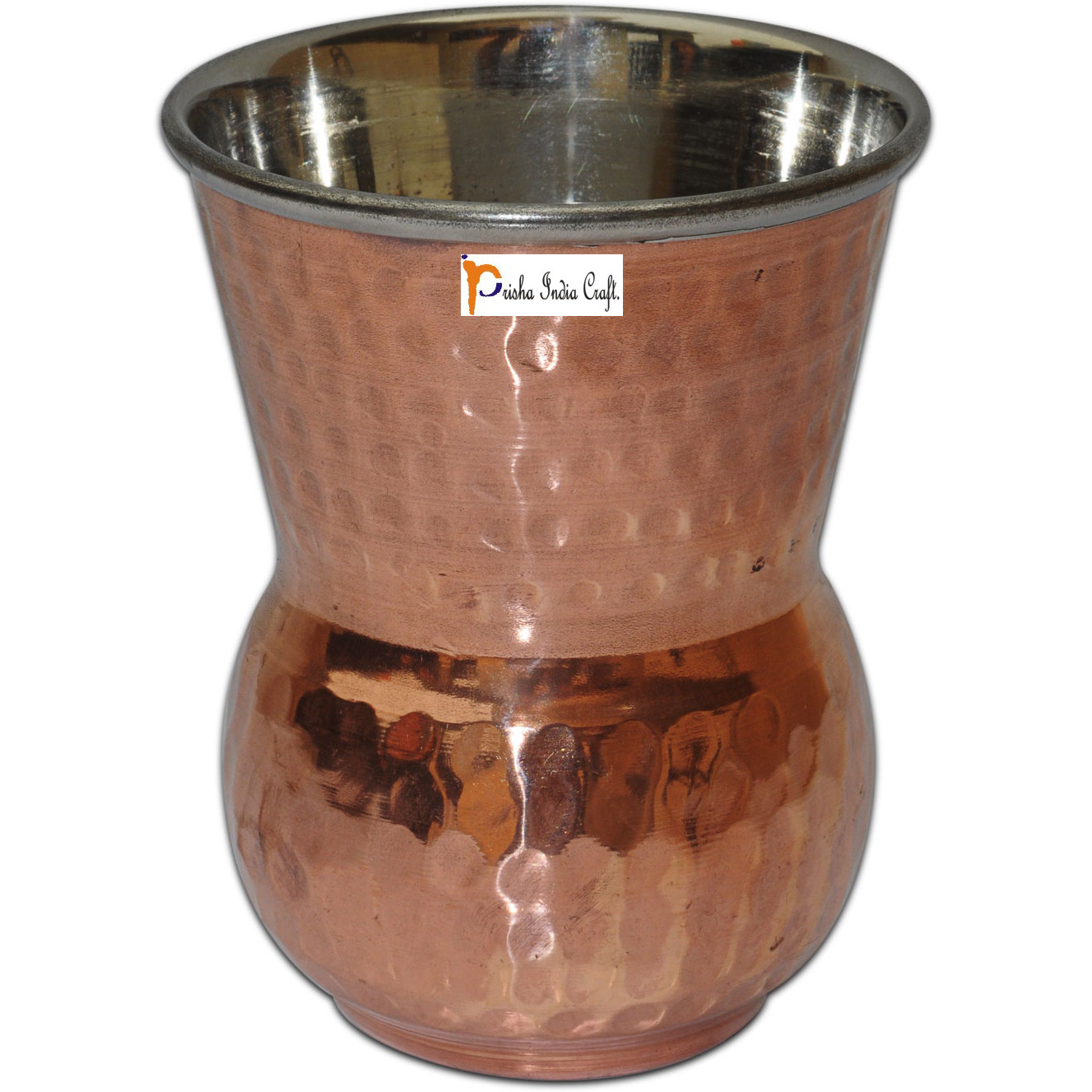 Set of 3 - Prisha India Craft B. Copper Muglai Matka Glass Inside Stainless Steel Hammered Style Drinkware Tumbler Handmade Copper Cups - Traveller's Copper Mug