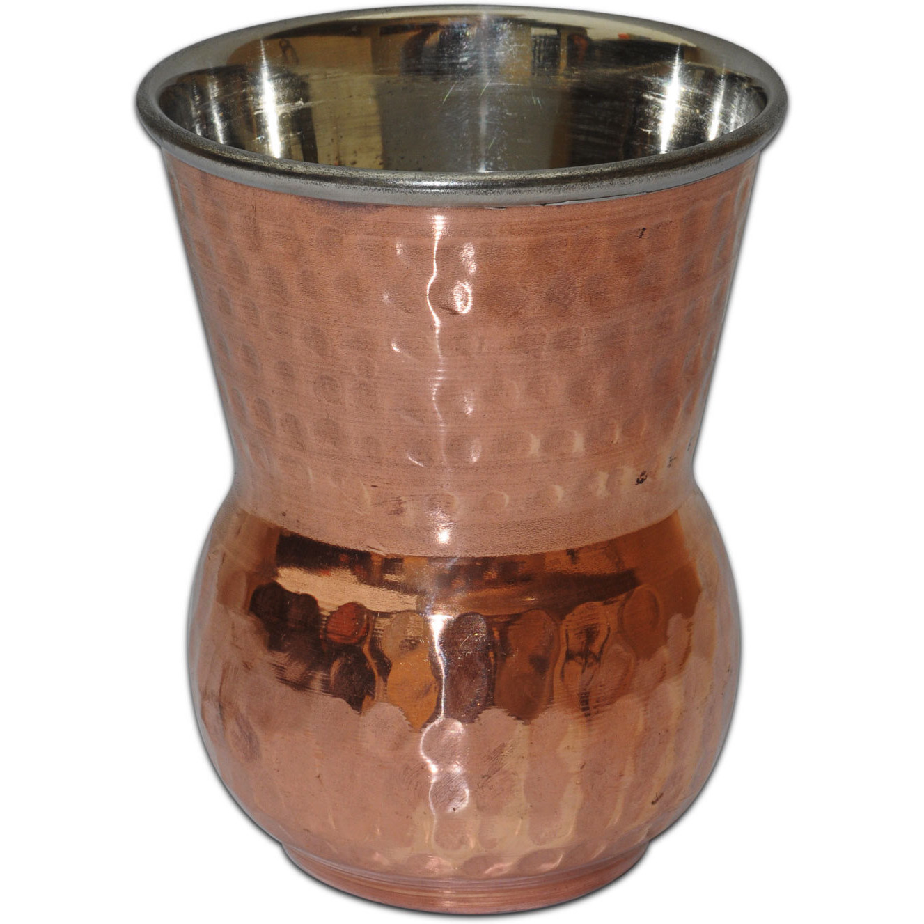 Set of 3 - Prisha India Craft B. Copper Muglai Matka Glass Inside Stainless Steel Hammered Style Drinkware Tumbler Handmade Copper Cups - Traveller's Copper Mug