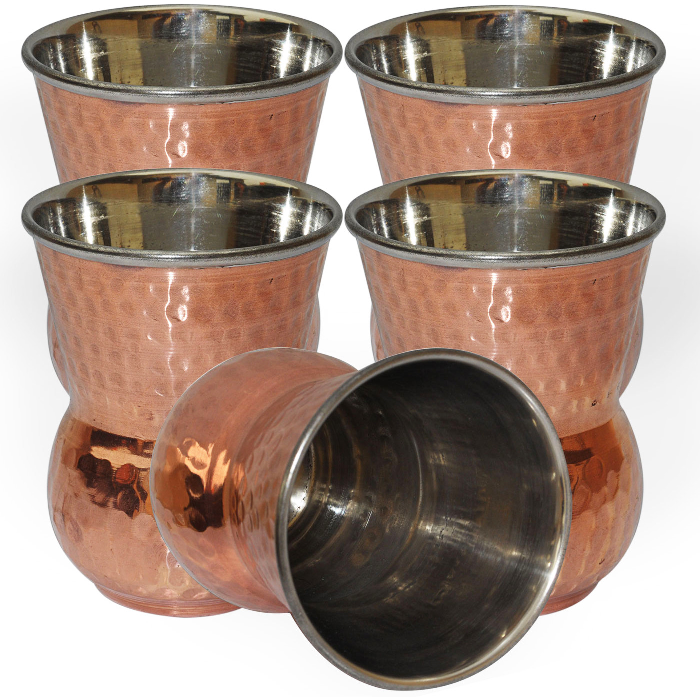 Set of 5 - Prisha India Craft B. Copper Muglai Matka Glass Inside Stainless Steel Hammered Style Drinkware Tumbler Handmade Copper Cups - Traveller's Copper Mug