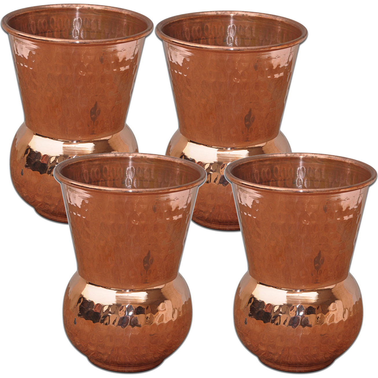 Set of 4 - Prisha India Craft B. Copper Muglai Matka Glass Hammered Style Drinkware Tumbler Handmade Copper Cups - Traveller's Copper Mug for Ayurveda Benefits