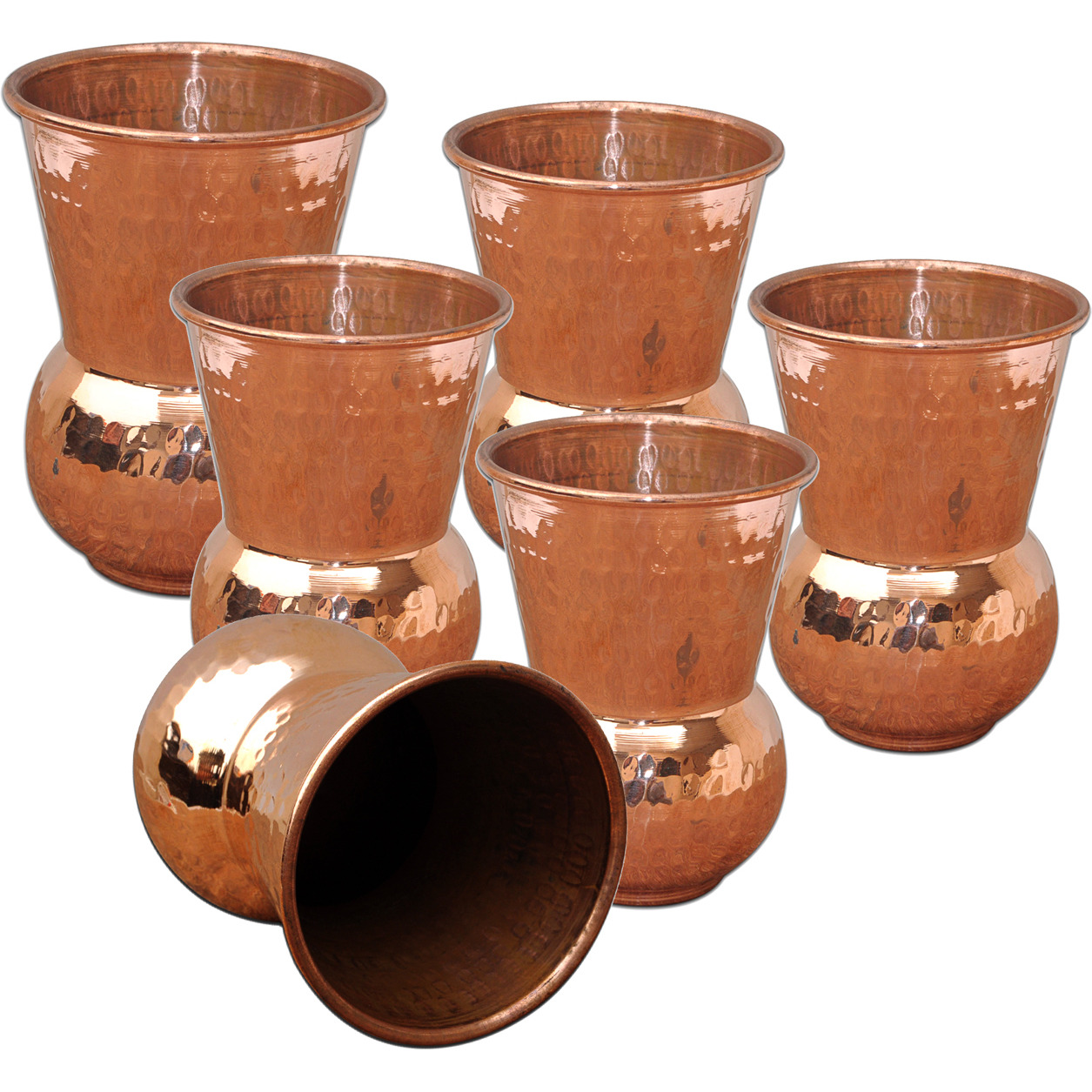 Set of 6 - Prisha India Craft B. Copper Muglai Matka Glass Hammered Style Drinkware Tumbler Handmade Copper Cups - Traveller's Copper Mug for Ayurveda Benefits