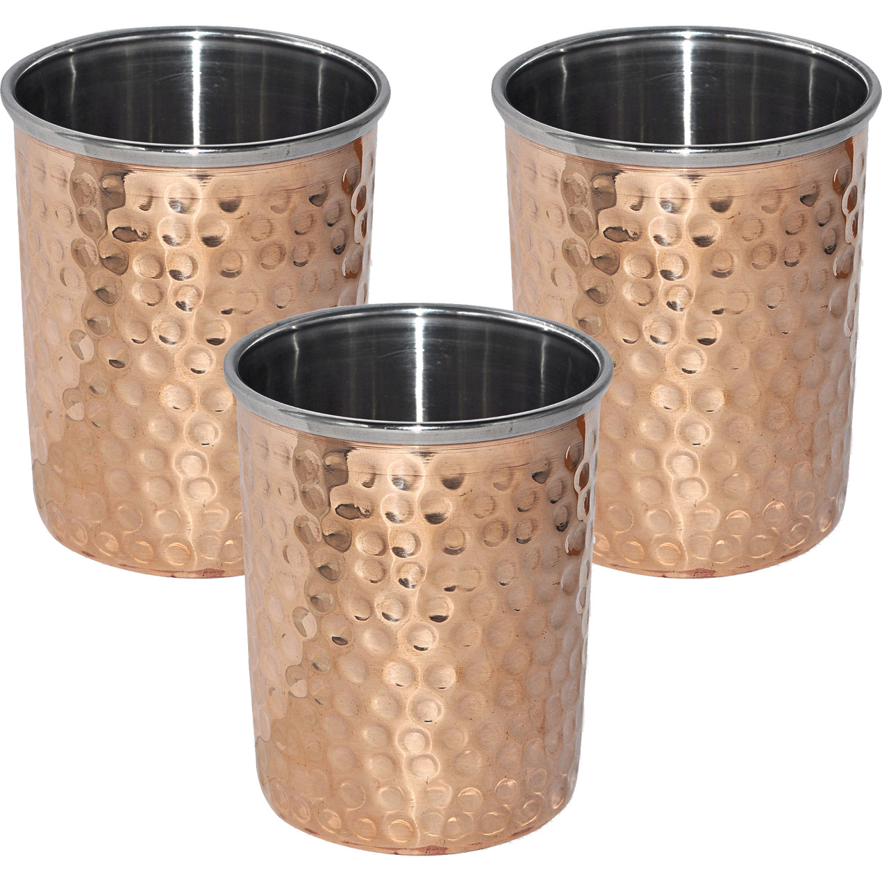 Set of 3 - Prisha India Craft B. Handmade Water Glass  Inside Stainless Steel Copper Tumbler | Traveller's Copper Cup
