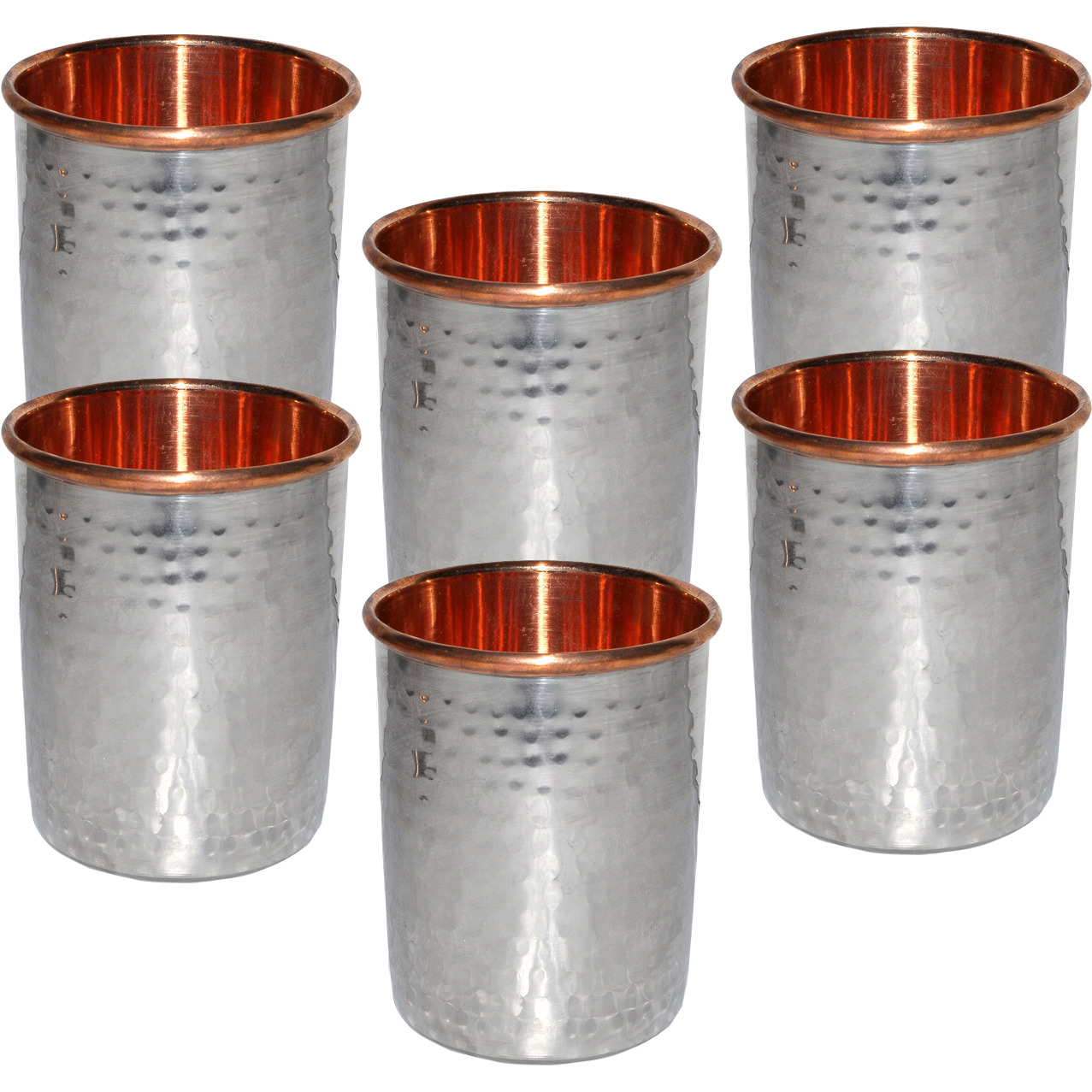 Set of 6 - Prisha India Craft B. Handmade Water Glass Copper Tumbler  Inside Stainless Steel | Traveller's Copper Cup