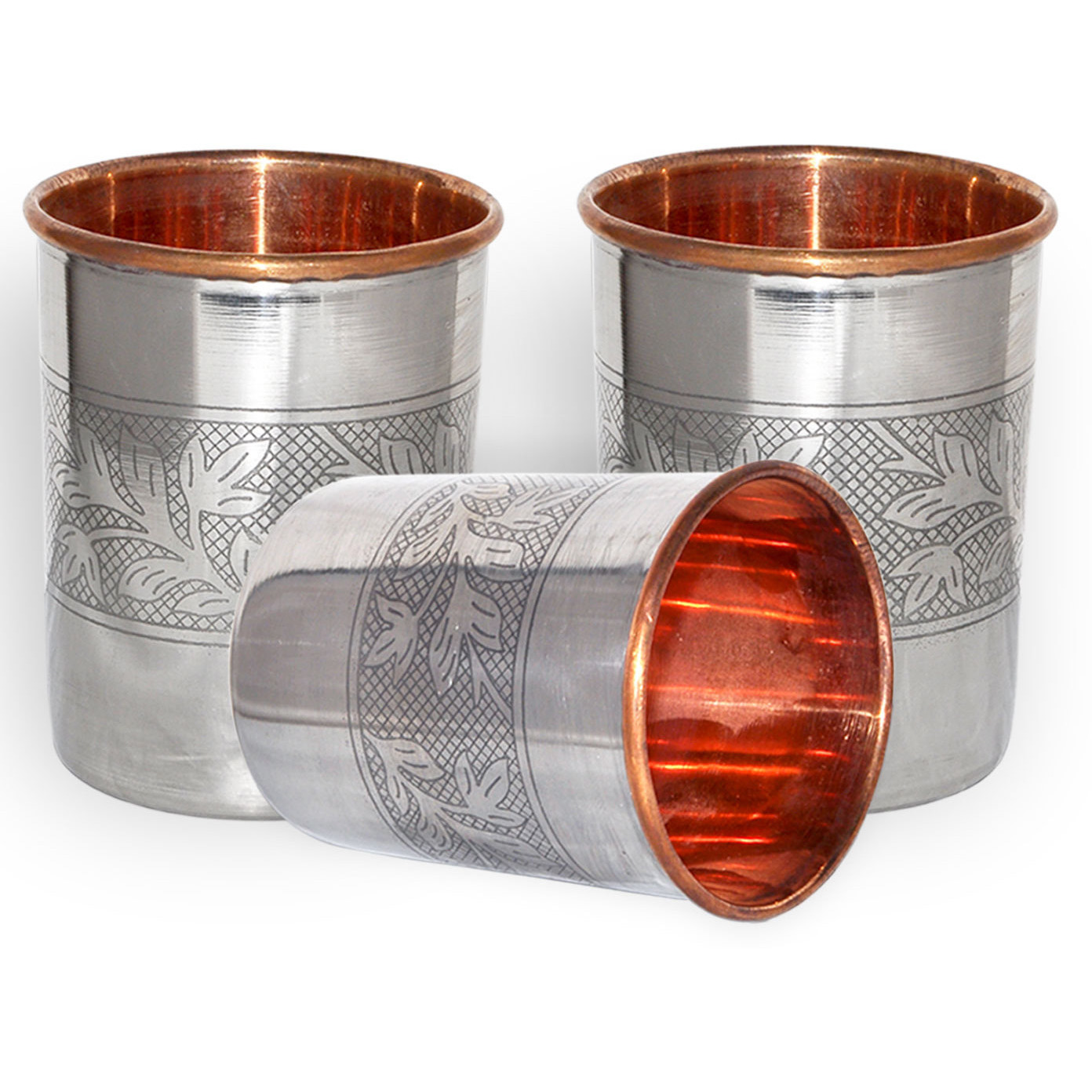 Set of 3 - Prisha India Craft B. Handmade Water Glass Copper Tumbler  Inside Stainless Steel | Traveller's Copper Cup