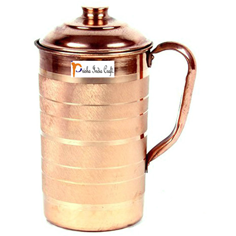 Prisha India Craft B. Best Quality Pure Copper Jug Water Pitcher Handmade Indian Copper Utensils for Ayurveda Healing Capacity 1.8 L