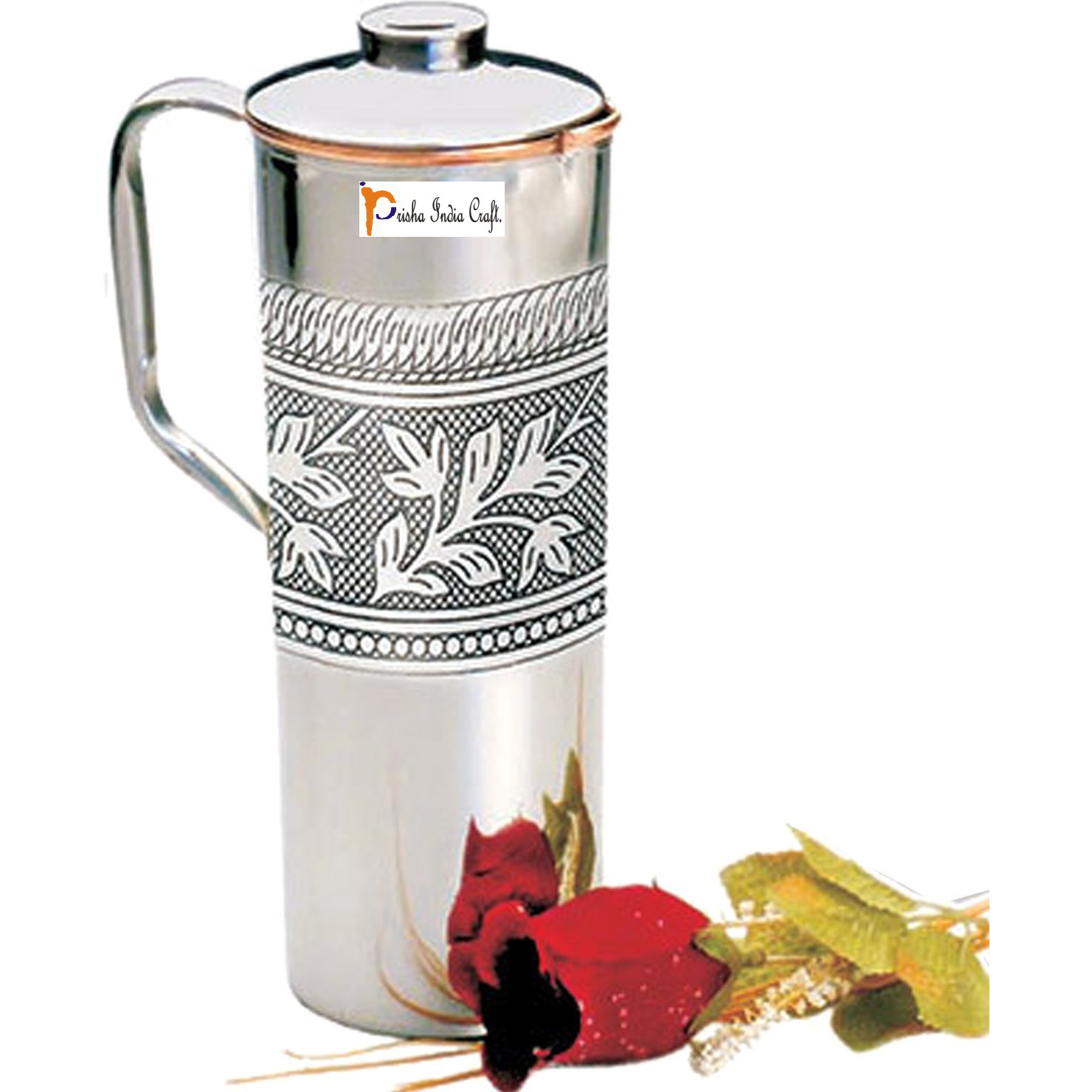 Copper Fridge Bottle Luxury Embossed Design Drinkware Tableware jug for Ayurveda Healing Capacity 0.9 L India Copper Jug - CHRISTMAS GIFT by Prisha India Craft B.