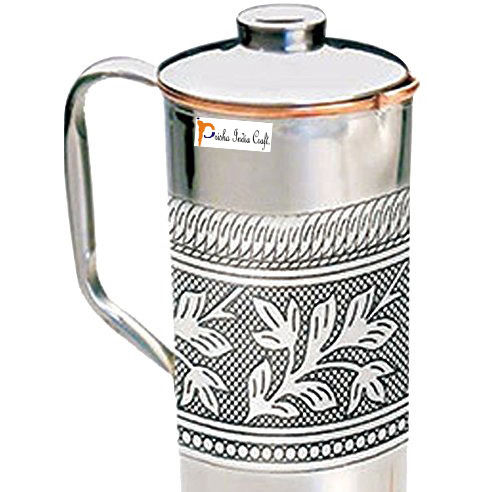 Copper Fridge Bottle Luxury Embossed Design Drinkware Tableware jug for Ayurveda Healing Capacity 0.9 L India Copper Jug - CHRISTMAS GIFT by Prisha India Craft B.