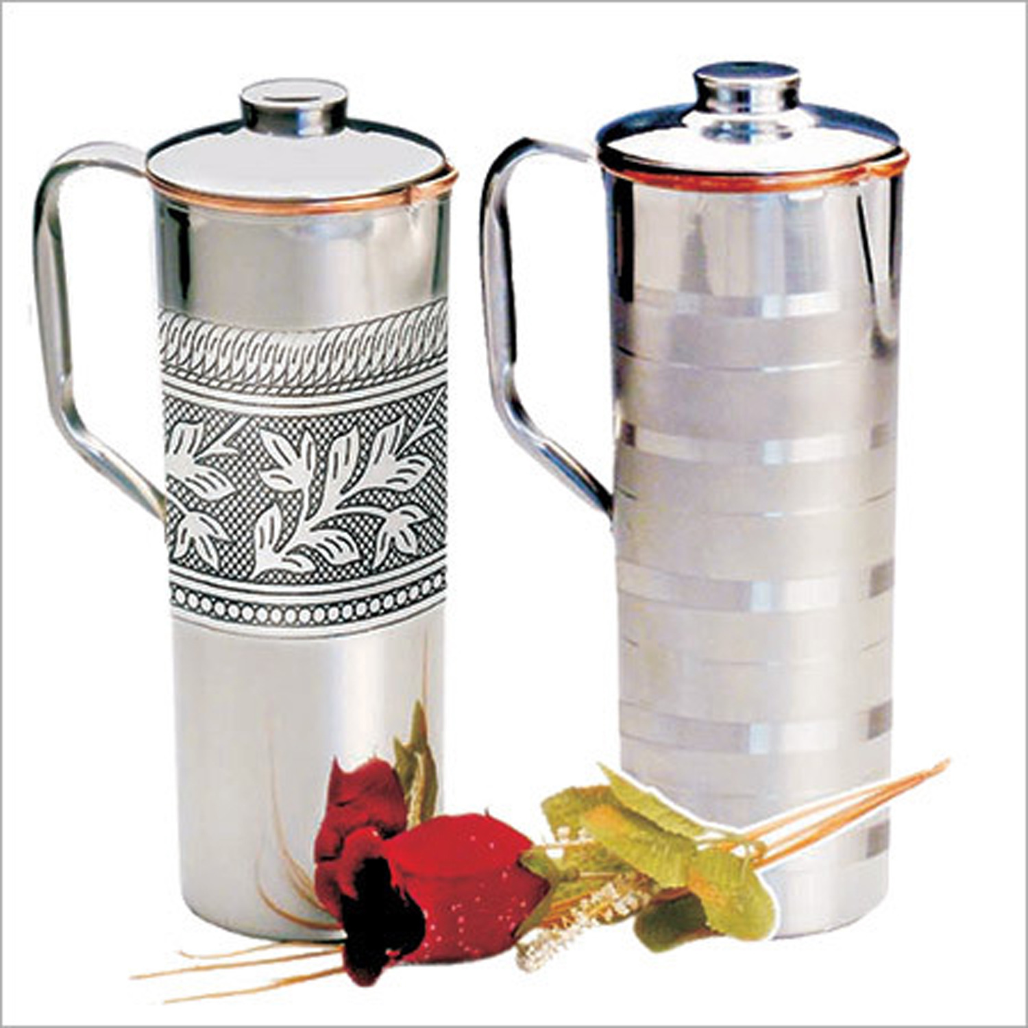 Copper Fridge Bottle Set Luxury Embossed Design Drinkware Tableware jug for Ayurveda Healing Capacity 0.9 L India Copper Jug (Set of 2) - CHRISTMAS GIFT by Prisha India Craft B.