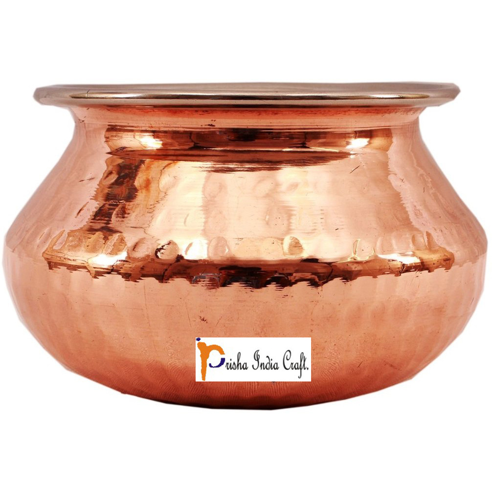 Set of 3 Prisha India Craft B. High Quality Handmade Steel Copper Casserole - Copper Serving Handi Bowl - Copper Serveware Dishes Bowl Dia - 5  X Height - 3.25  - Christmas Gift