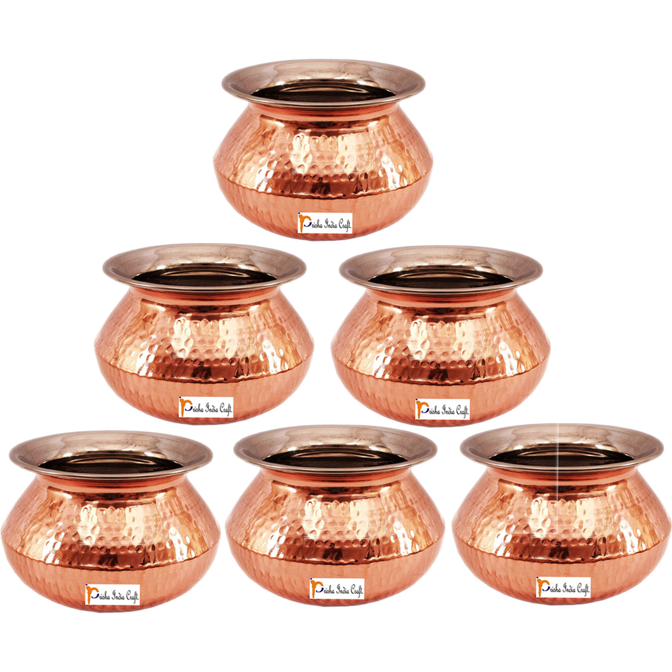 Set of 6 Prisha India Craft B. High Quality Handmade Steel Copper Casserole - Copper Serving Handi Bowl - Copper Serveware Dishes Bowl Dia - 6.5  X Height - 4.50  - Christmas Gift