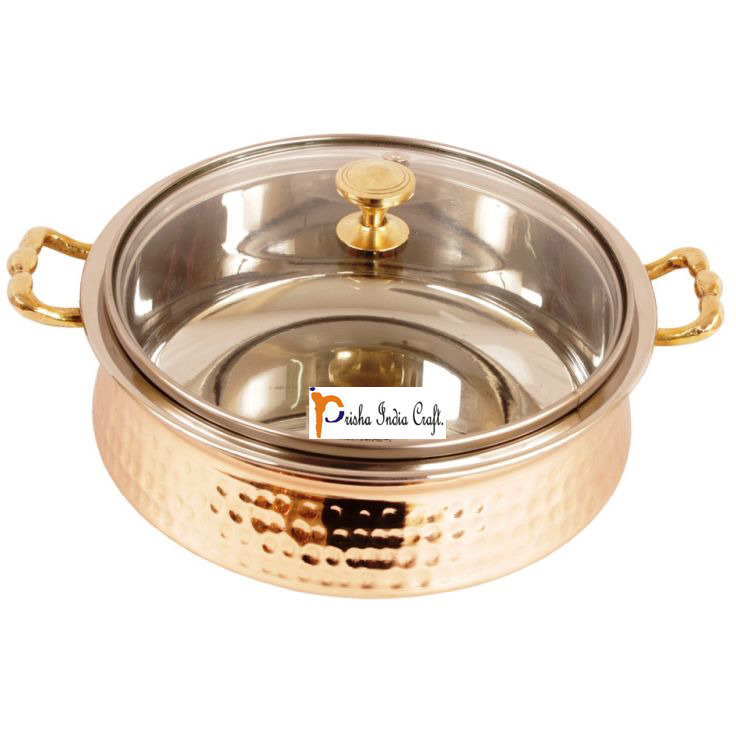 Prisha India Craft B. High Quality Handmade Steel Copper Casserole with Lid- Copper Serving Handi Bowl - Copper Serveware Dishes Bowl Dia - 5.00  X Height - 2.25  - Christmas Gift