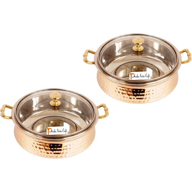 Set of 2 Prisha India Craft B. High Quality Handmade Steel Copper Casserole with Lid - Copper Serving Handi Bowl - Copper Serveware Dishes Bowl Dia - 5.00  X Height - 2.25  - Christmas Gift