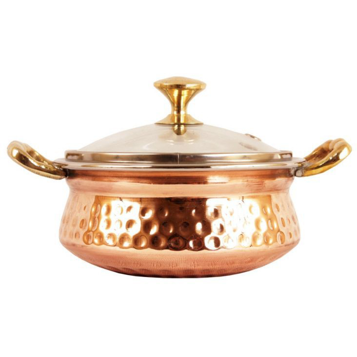 Set of 2 Prisha India Craft B. High Quality Handmade Steel Copper Casserole with Lid - Copper Serving Handi Bowl - Copper Serveware Dishes Bowl Dia - 5.00  X Height - 2.25  - Christmas Gift