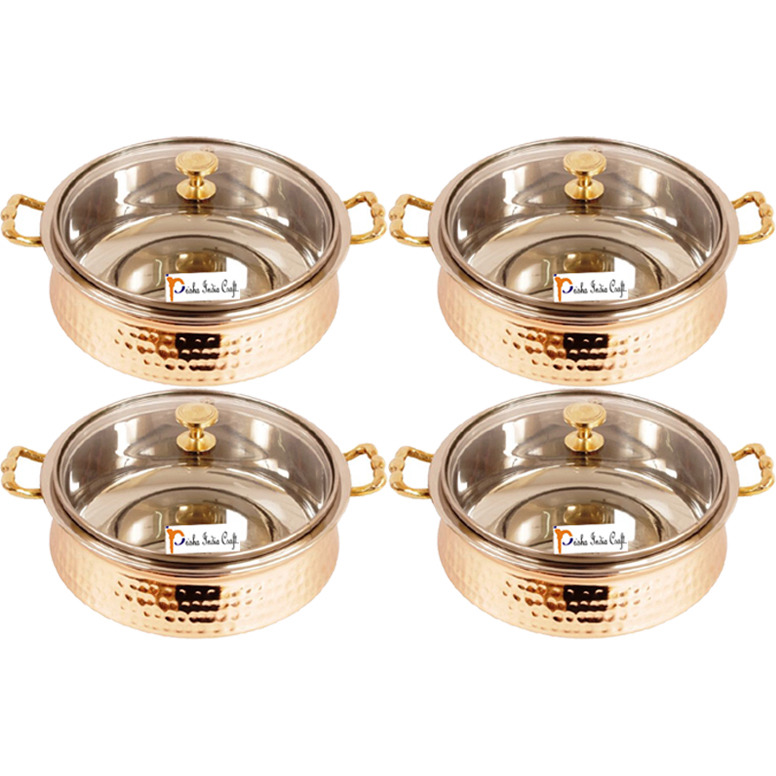 Set of 4 Prisha India Craft B. High Quality Handmade Steel Copper Casserole with Lid - Copper Serving Handi Bowl - Copper Serveware Dishes Bowl Dia - 5.00  X Height - 2.25  - Christmas Gift