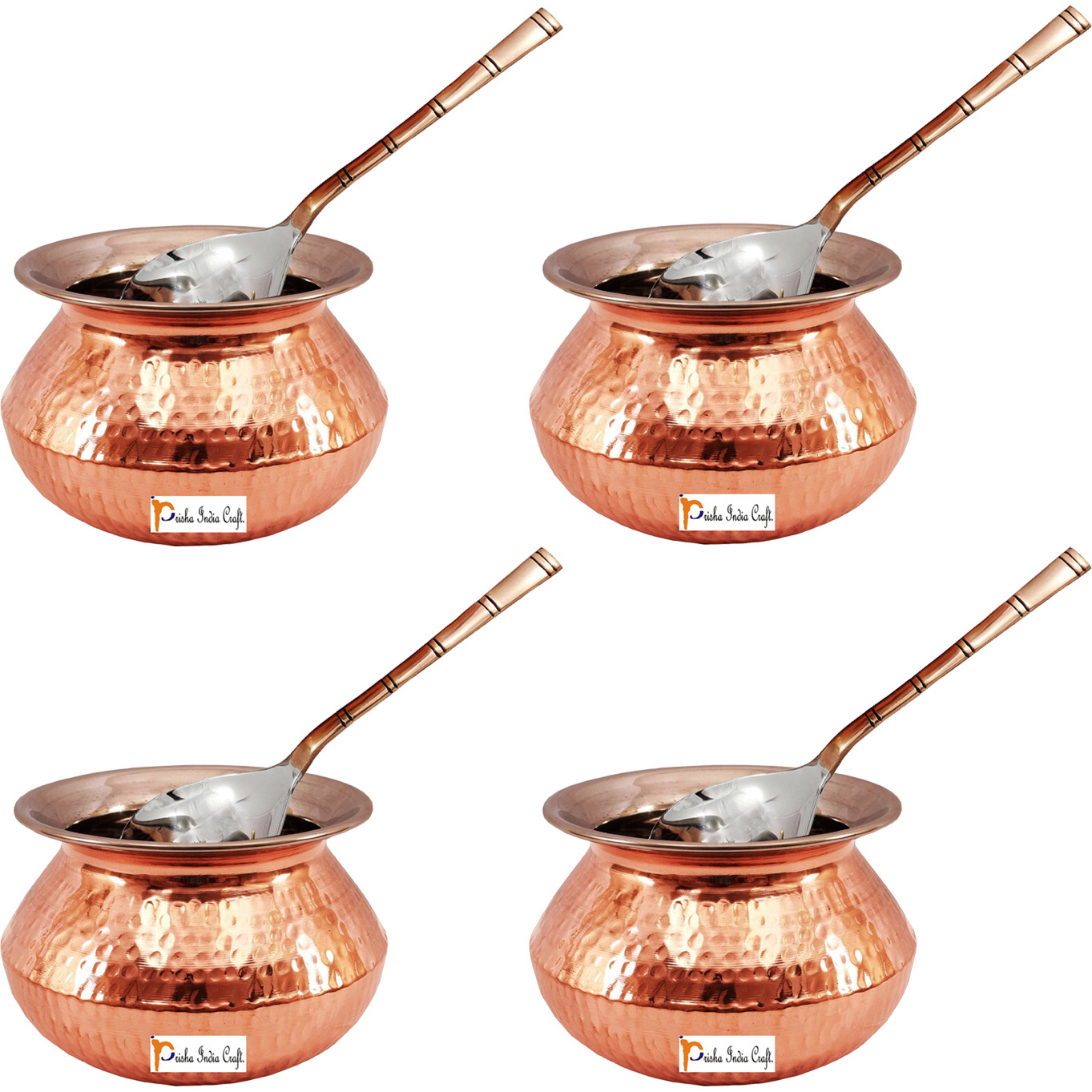 Set of 4 Prisha India Craft B. High Quality Handmade Steel Copper Casserole and Serving Spoon - Set of Copper Handi and Serving Spoon - Copper Bowl Dia - 5  X Height - 3.25  - Christmas Gift