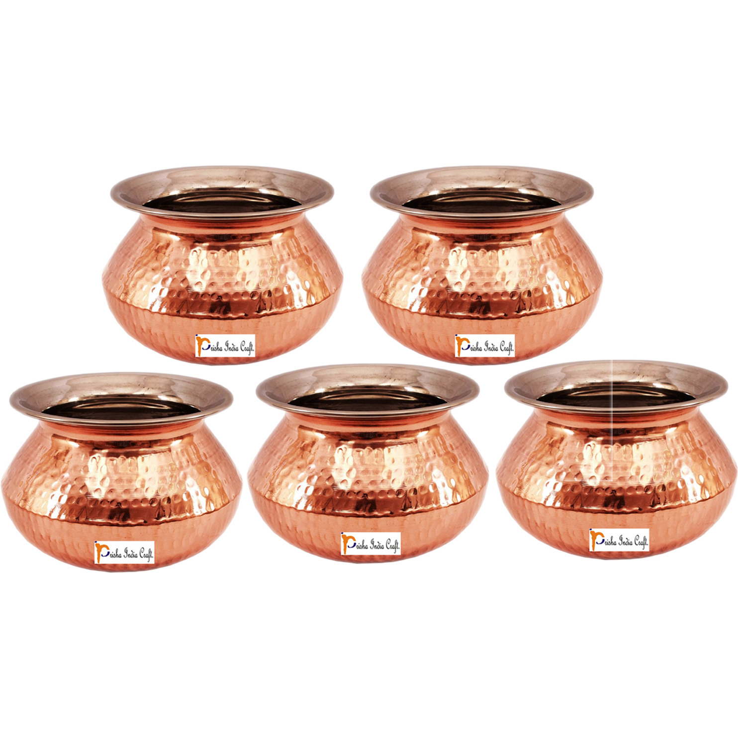 Set of 5 Prisha India Craft B. High Quality Handmade Steel Copper Casserole and Serving Spoon - Set of Copper Handi and Serving Spoon - Copper Bowl Dia - 5  X Height - 3.25  - Christmas Gift