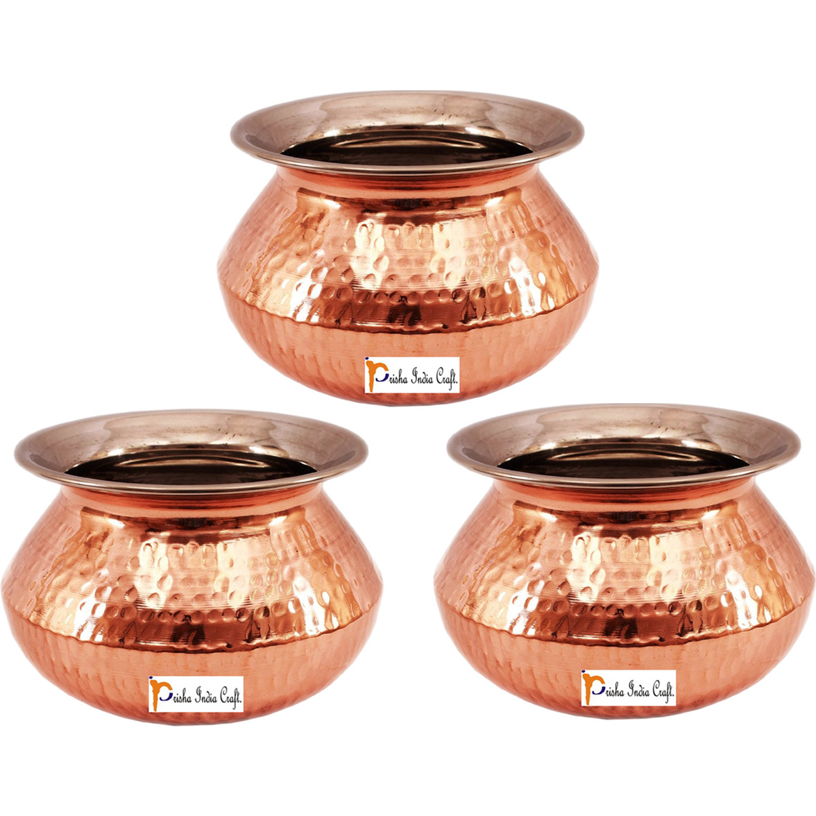Set of 3 Prisha India Craft B. High Quality Handmade Steel Copper Casserole and Serving Spoon - Set of Copper Handi and Serving Spoon - Copper Bowl Dia - 6.5  X Height - 4.50  - Christmas Gift