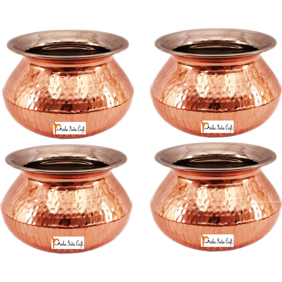 Set of 4 Prisha India Craft B. High Quality Handmade Steel Copper Casserole and Serving Spoon - Set of Copper Handi and Serving Spoon - Copper Bowl Dia - 6.5  X Height - 4.50  - Christmas Gift