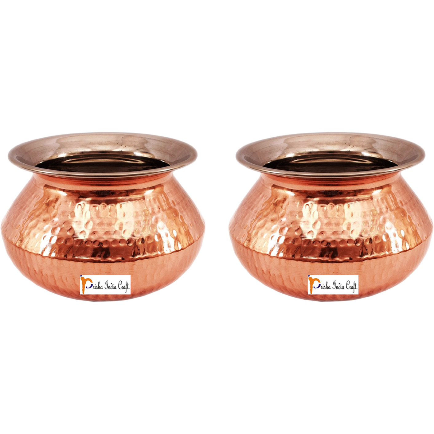 Set of 2 Prisha India Craft B. High Quality Handmade Steel Copper Casserole and Serving Spoon - Set of Copper Handi and Serving Spoon - Copper Bowl Dia - 5.5  X Height - 3.50  - Christmas Gift