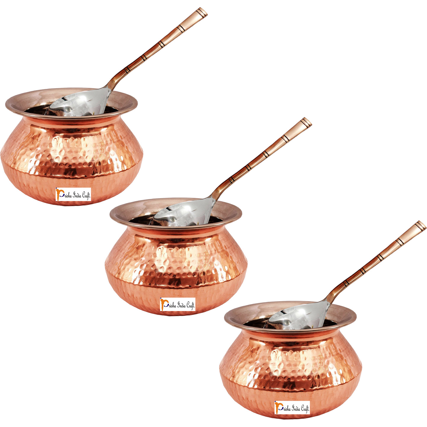 Set of 3 Prisha India Craft B. High Quality Handmade Steel Copper Casserole and Serving Spoon - Set of Copper Handi and Serving Spoon - Copper Bowl Dia - 5.5  X Height - 3.50  - Christmas Gift
