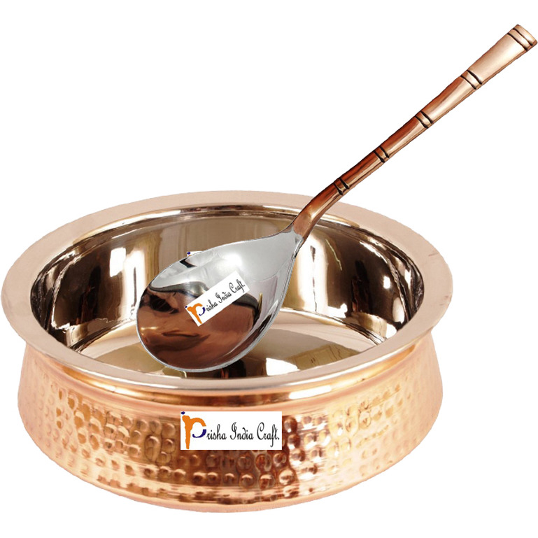 Prisha India Craft B. High Quality Handmade Steel Copper Casserole and Serving Spoon - Set of Copper Handi and Serving Spoon - Copper Bowl Dia - 6.00  X Height - 2.25  - Christmas Gift