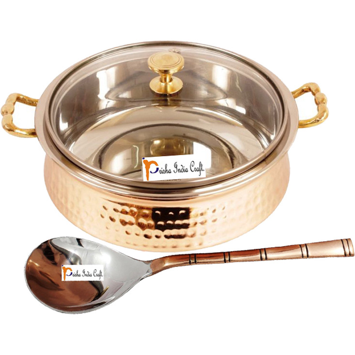 Prisha India Craft B. High Quality Handmade Steel Copper Casserole with Lid and Serving Spoon - Set of Copper Handi and Serving Spoon - Copper Bowl Dia - 5.00  X Height - 2.25  - Christmas Gift