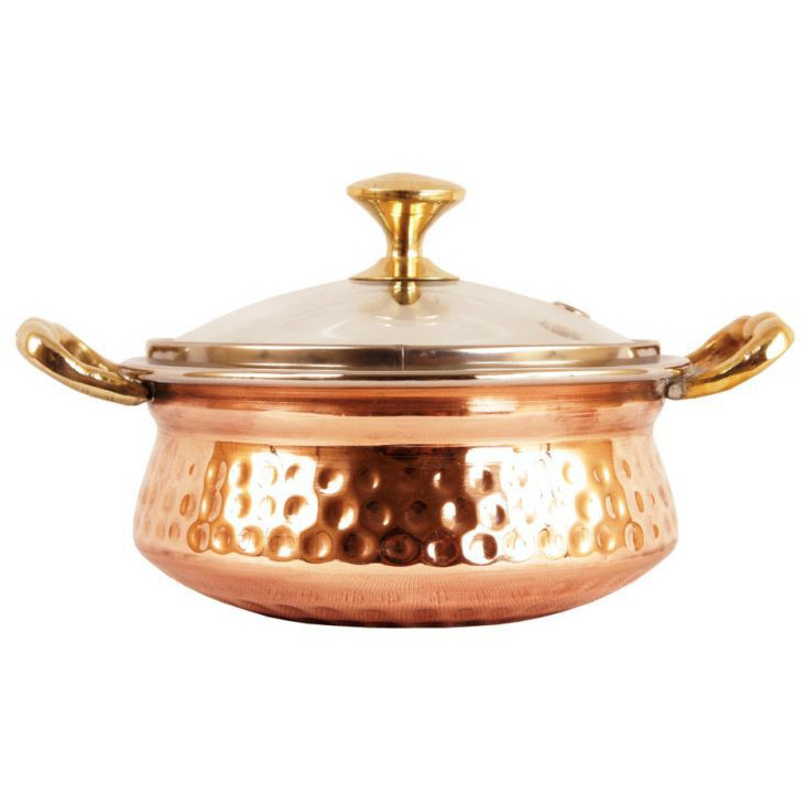Prisha India Craft B. High Quality Handmade Steel Copper Casserole with Lid and Serving Spoon - Set of Copper Handi and Serving Spoon - Copper Bowl Dia - 5.00  X Height - 2.25  - Christmas Gift