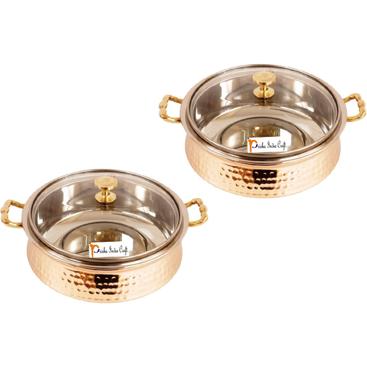 Set of 2 Prisha India Craft B. High Quality Handmade Steel Copper Casserole with Lid and Serving Spoon - Set of Copper Handi and Serving Spoon - Bowl Dia - 5.00  X Height - 2.25  - Christmas Gift