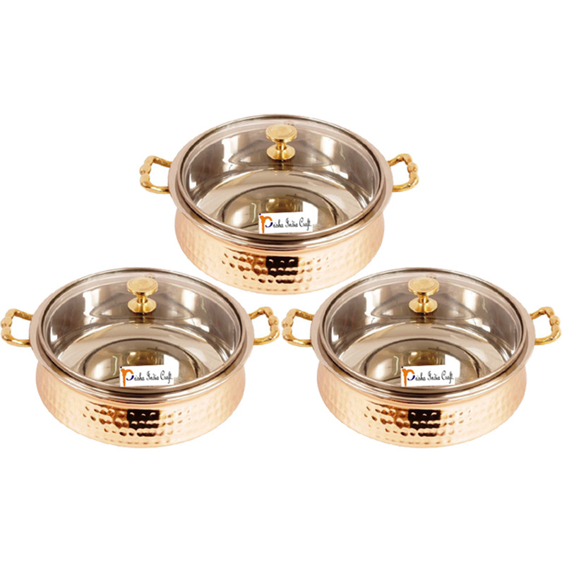 Set of 3 Prisha India Craft B. High Quality Handmade Steel Copper Casserole with Lid and Serving Spoon - Set of Copper Handi and Serving Spoon - Bowl Dia - 5.00  X Height - 2.25  - Christmas Gift